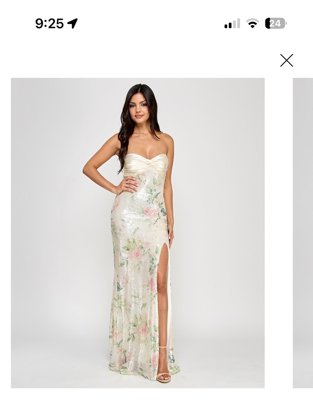 City Studios Cream Sequin Strapless Floral Gown with Pink & Green Accents
